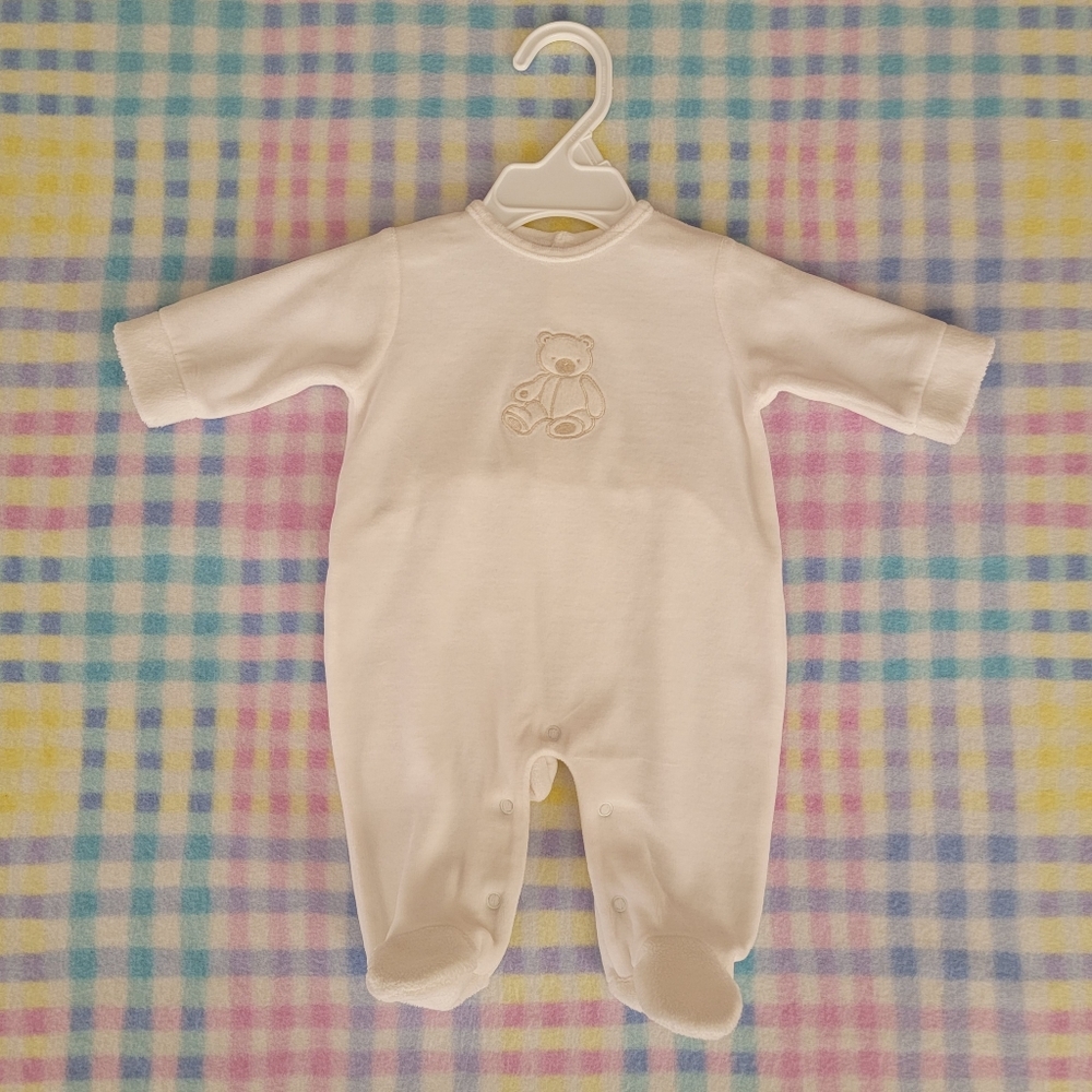 KOALA BABY BOUTIQUE ♡ Pure White Velvet Embroidered Teddy Bear Footie Outfit NB